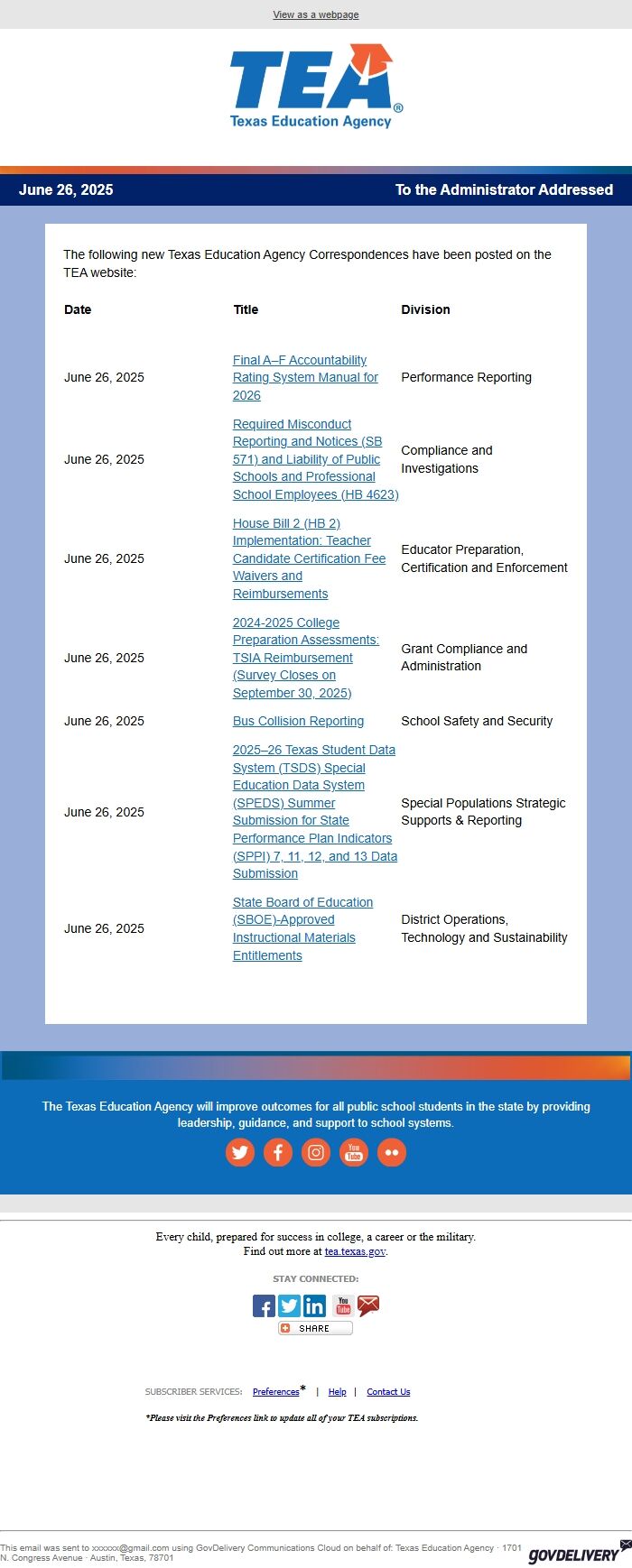 Screenshot of the email generated on import
