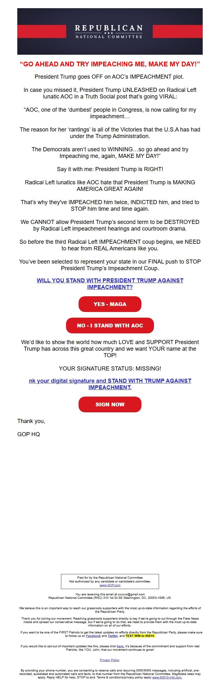 Screenshot of the email generated on import