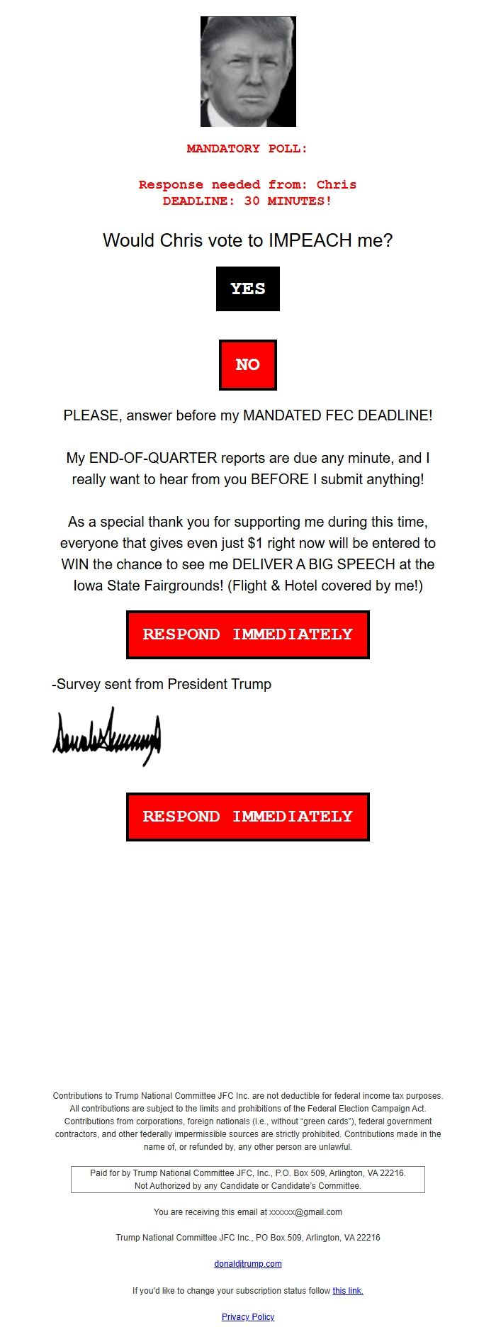Screenshot of the email generated on import