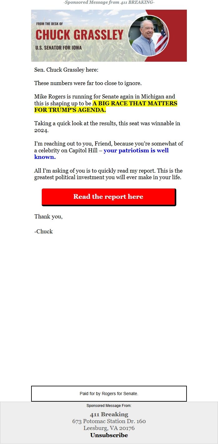 Screenshot of the email generated on import