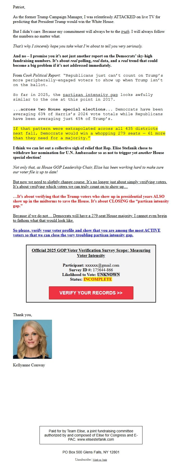 Screenshot of the email generated on import