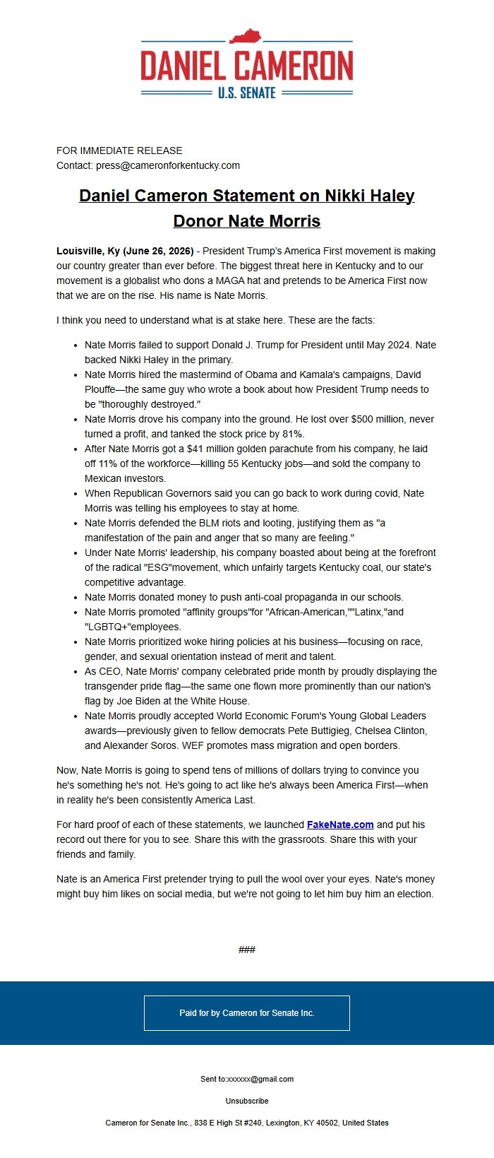 Screenshot of the email generated on import