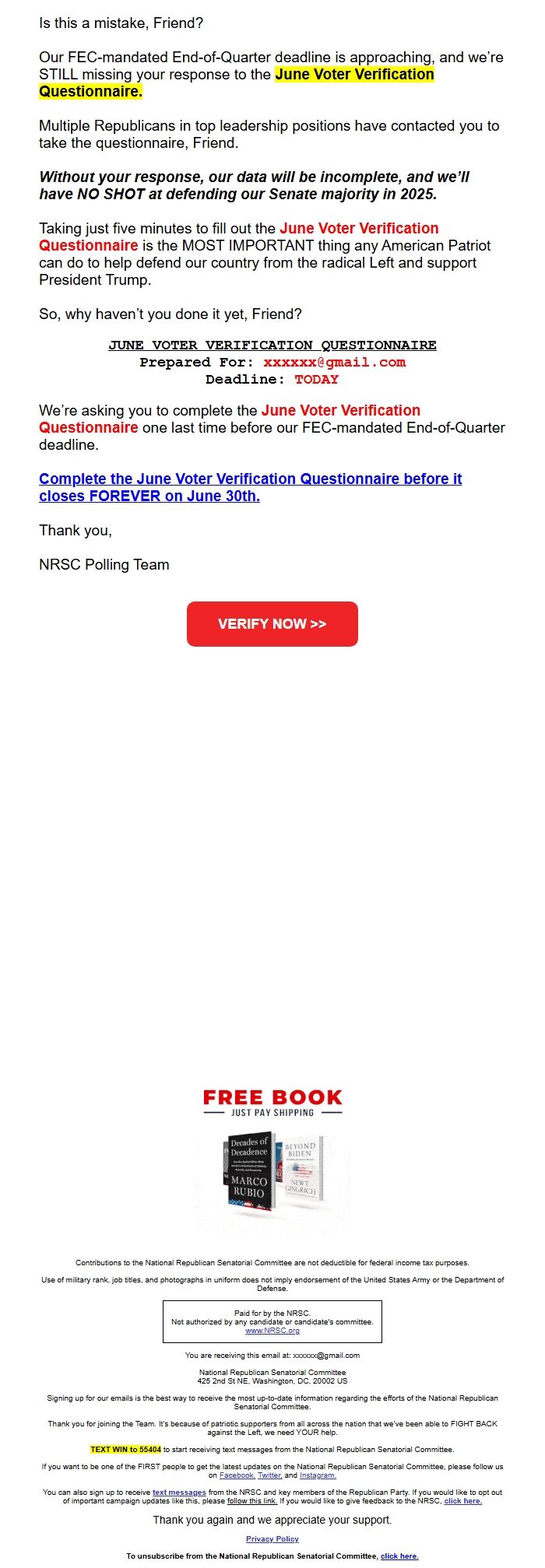 Screenshot of the email generated on import