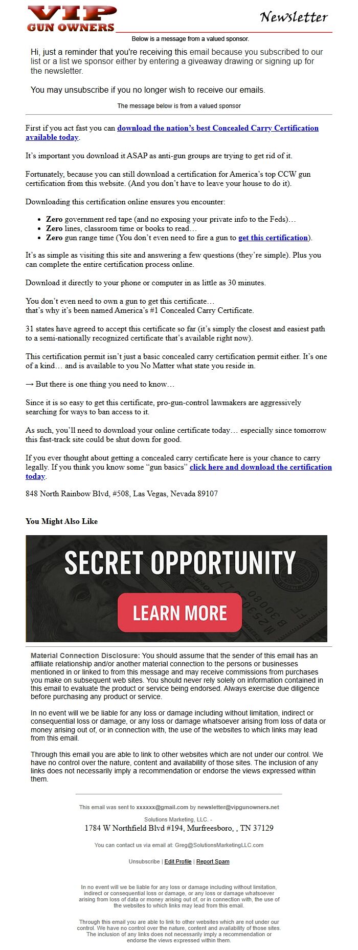 Screenshot of the email generated on import