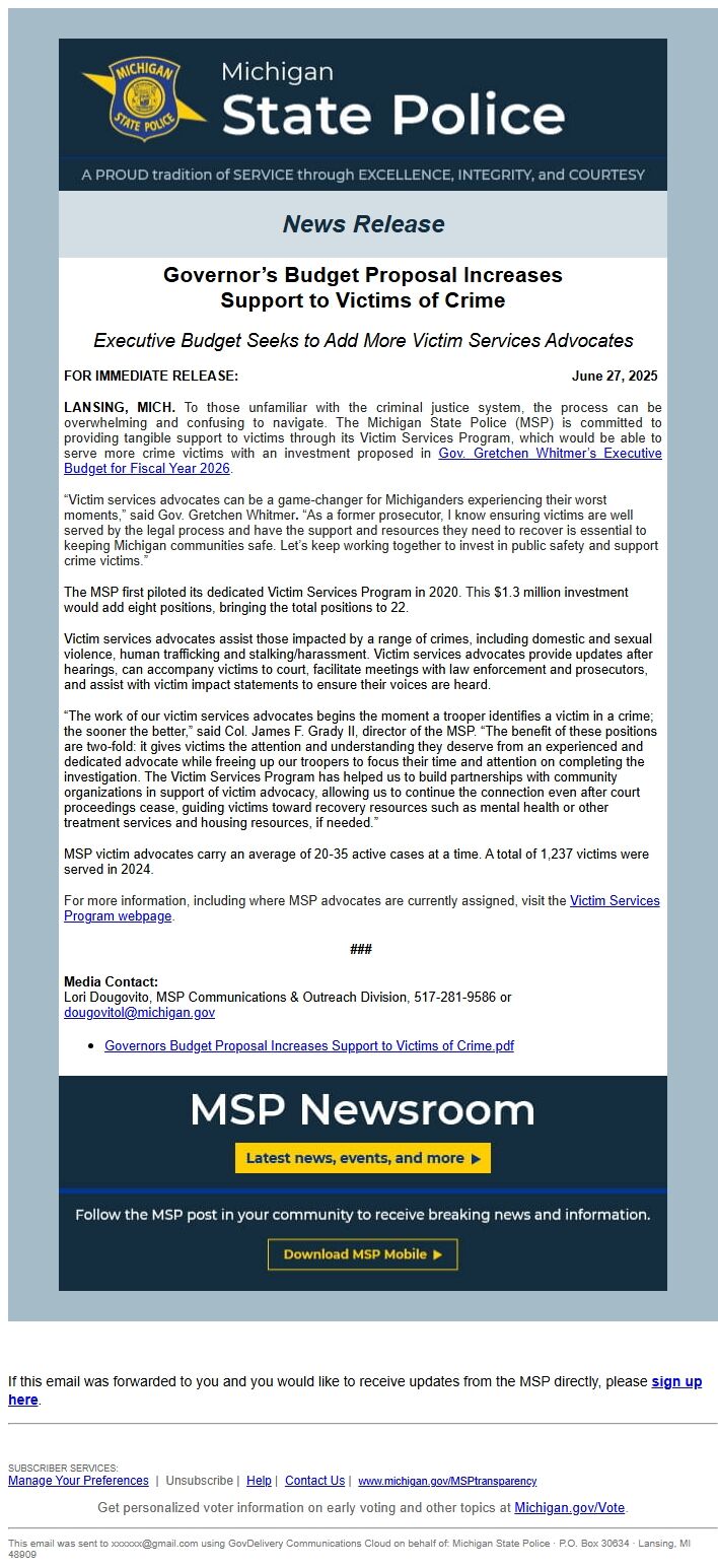 Screenshot of the email generated on import