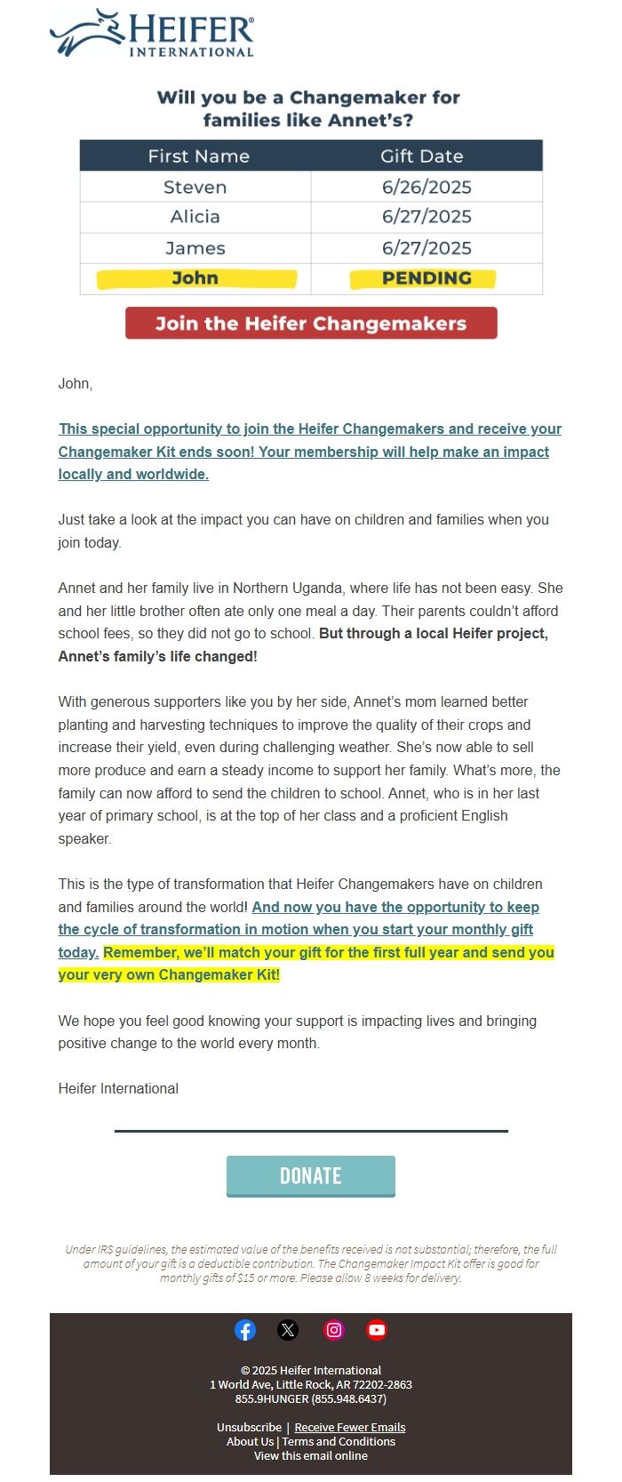 Screenshot of the email generated on import