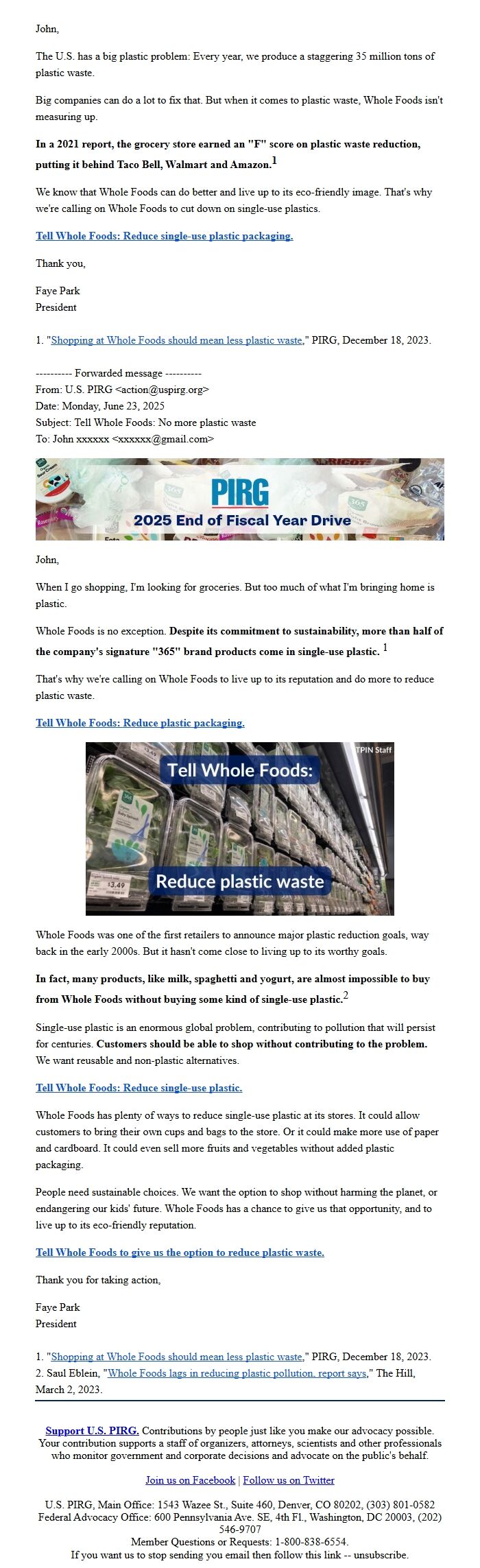 Screenshot of the email generated on import