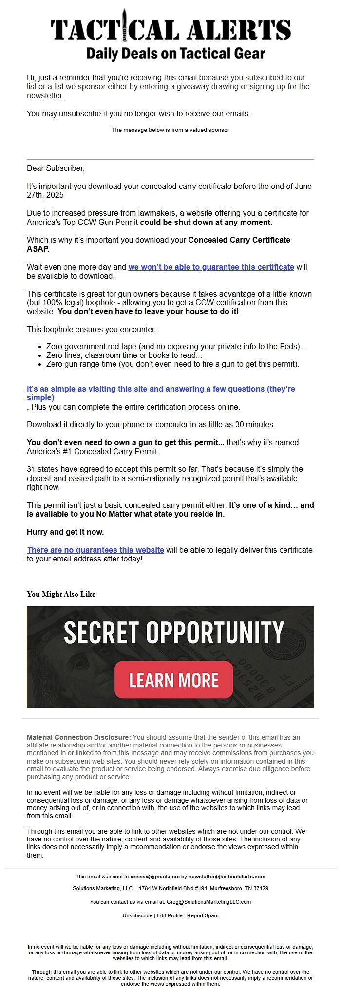 Screenshot of the email generated on import
