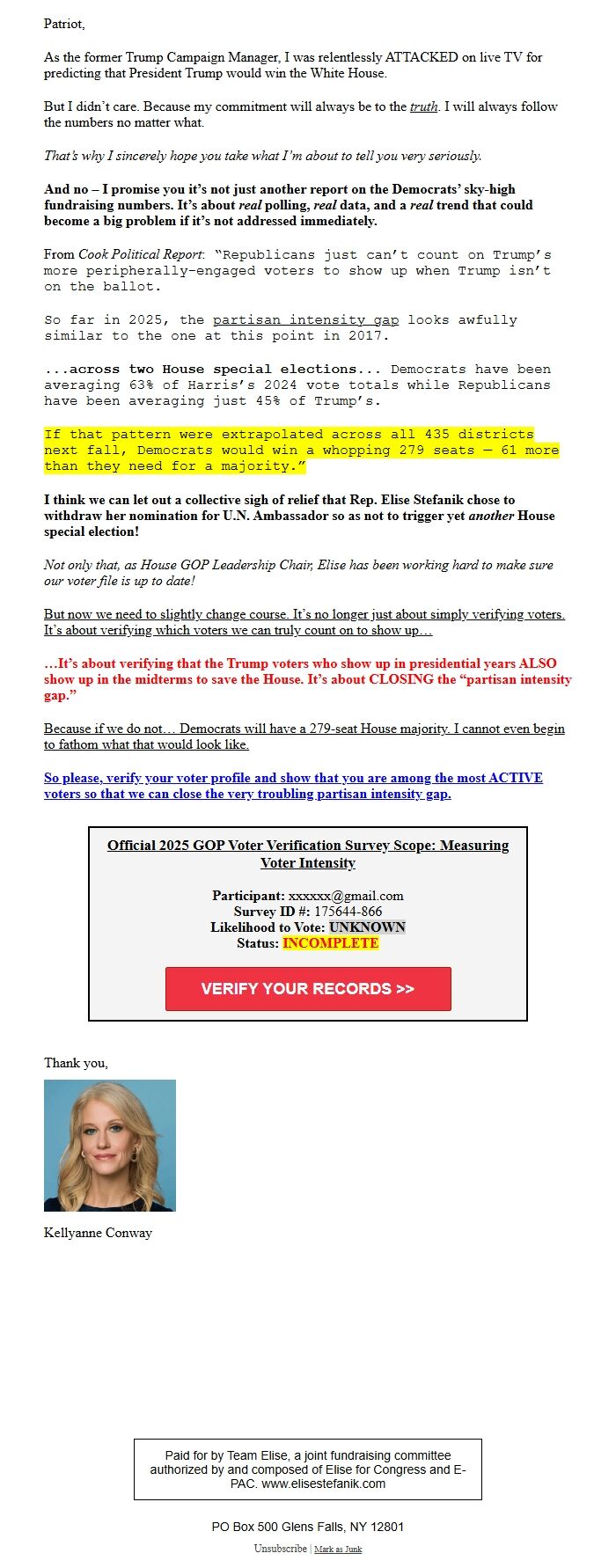 Screenshot of the email generated on import