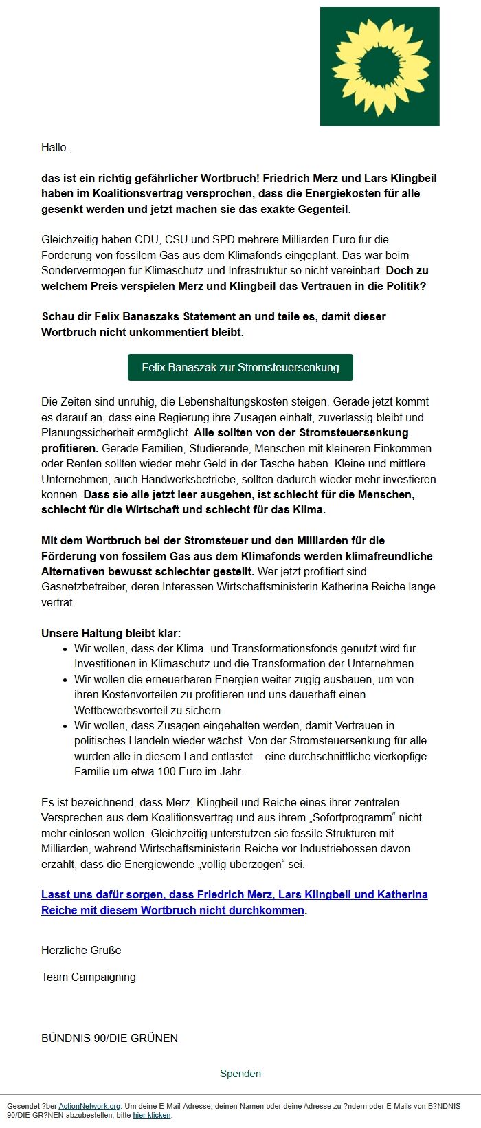 Screenshot of the email generated on import