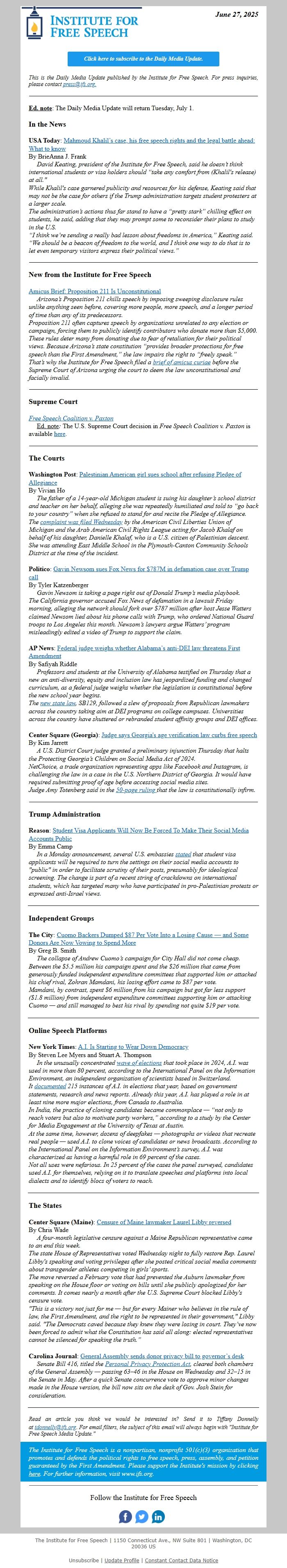 Screenshot of the email generated on import