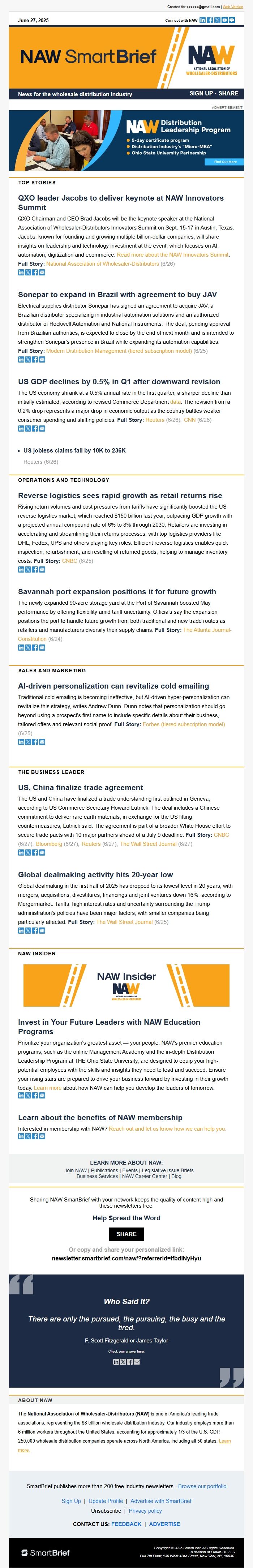 Screenshot of the email generated on import
