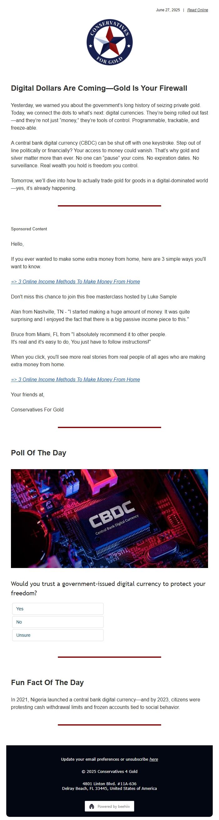 Screenshot of the email generated on import