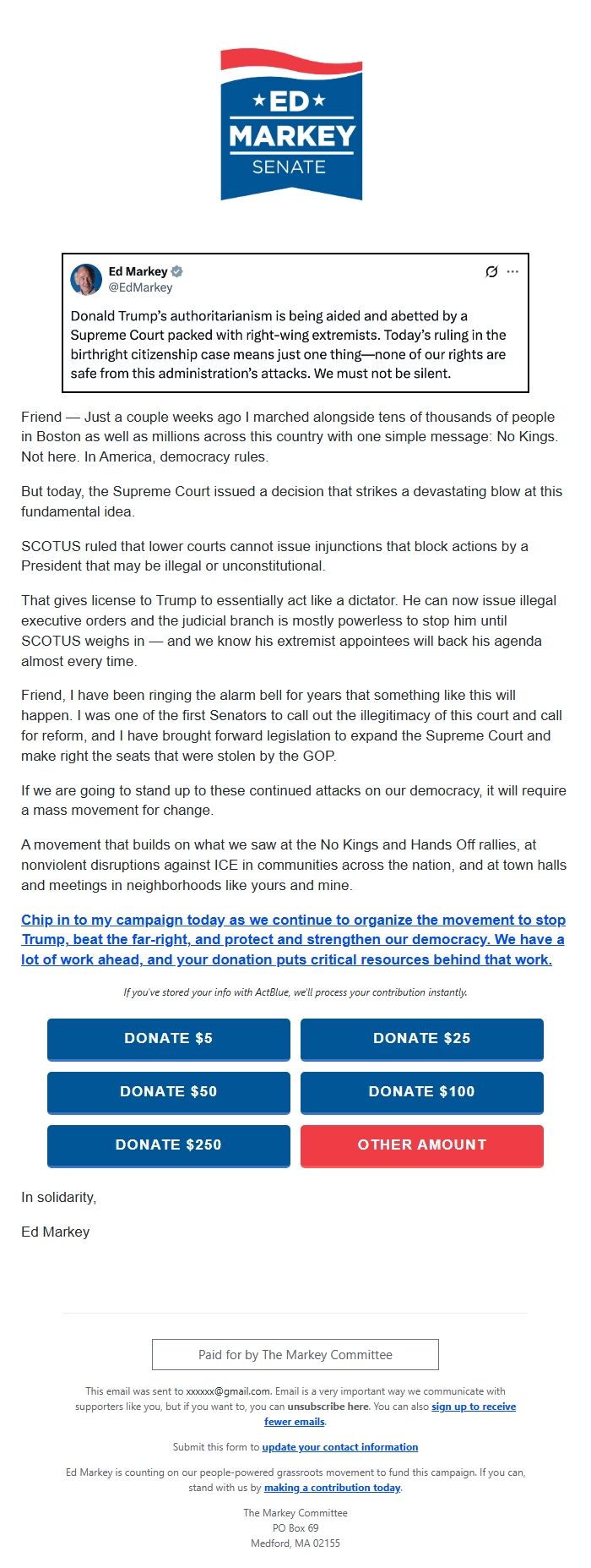 Screenshot of the email generated on import