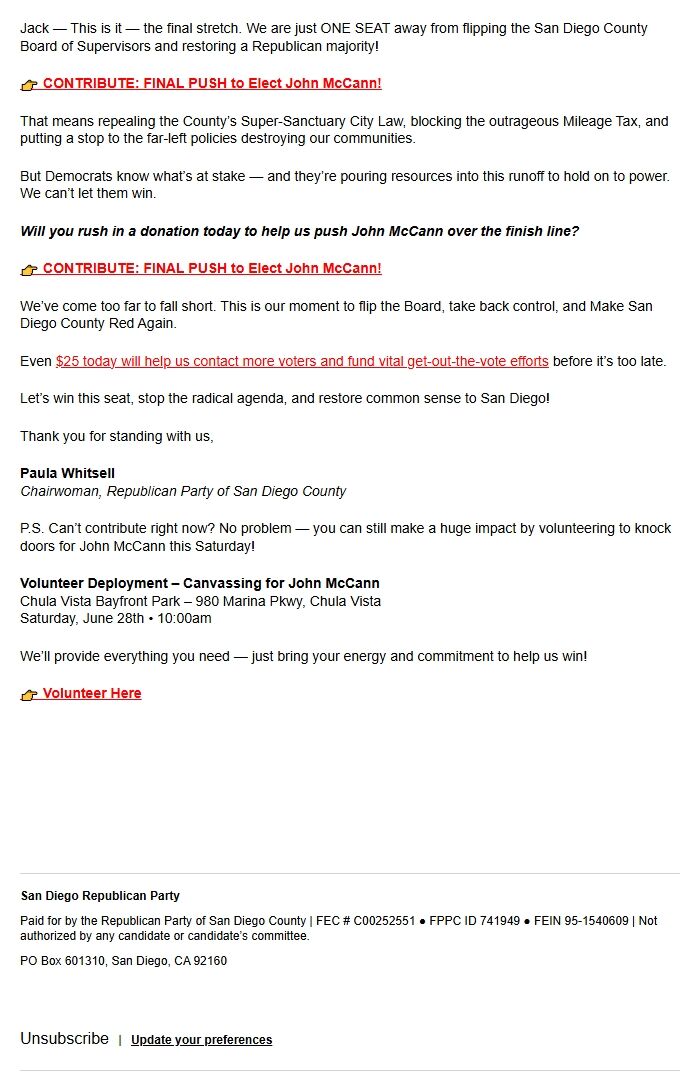Screenshot of the email generated on import