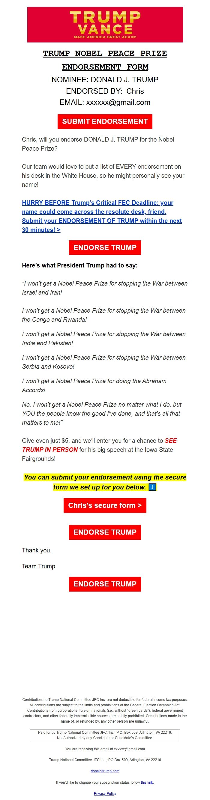 Screenshot of the email generated on import