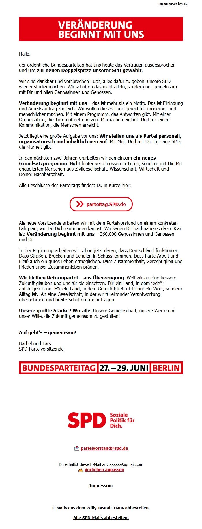 Screenshot of the email generated on import