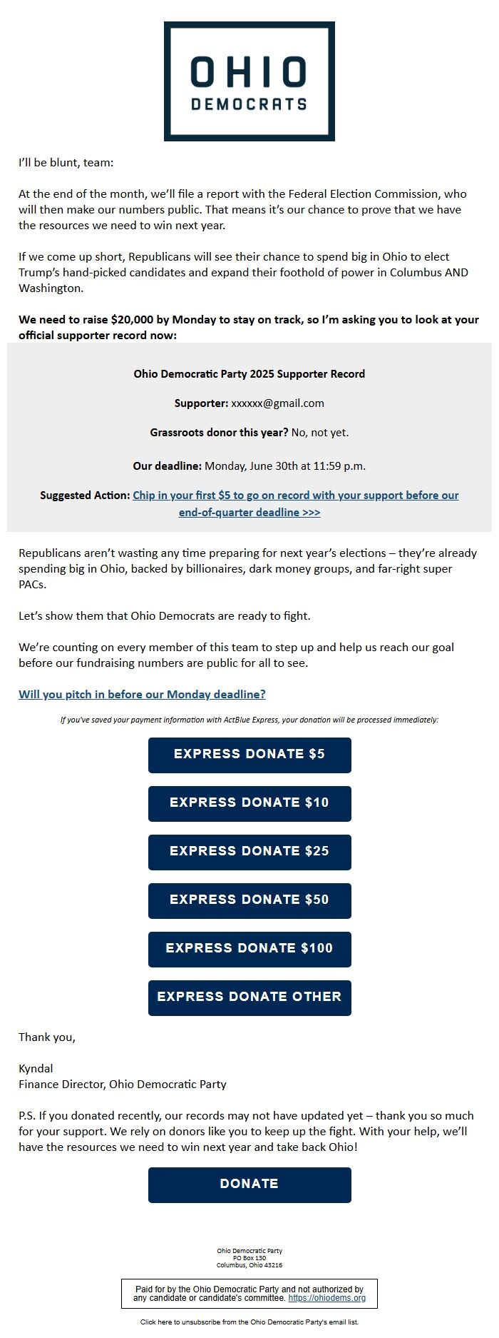 Screenshot of the email generated on import