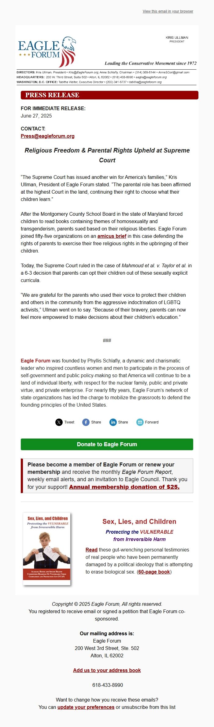Screenshot of the email generated on import