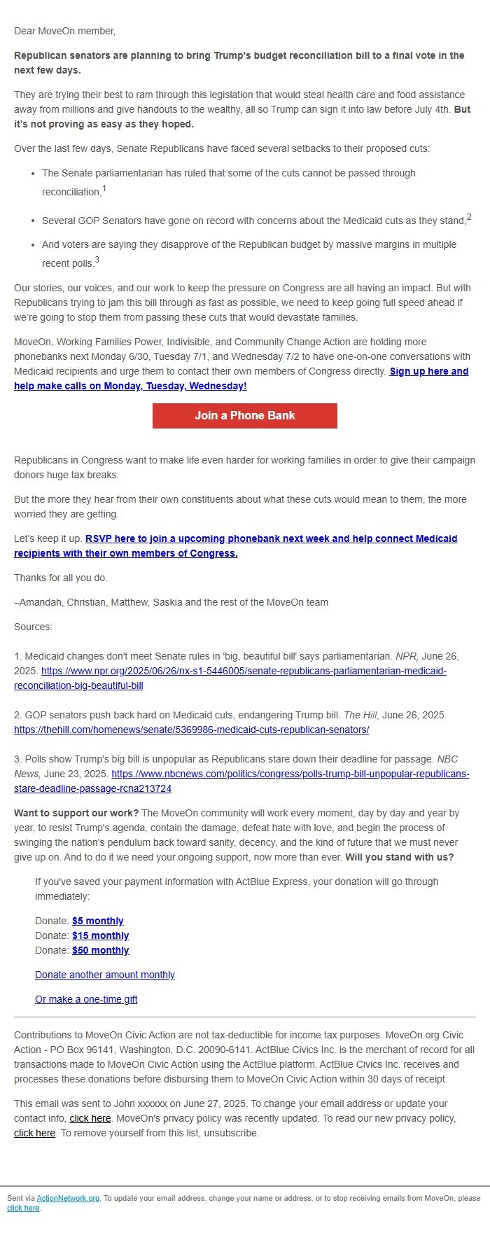 Screenshot of the email generated on import