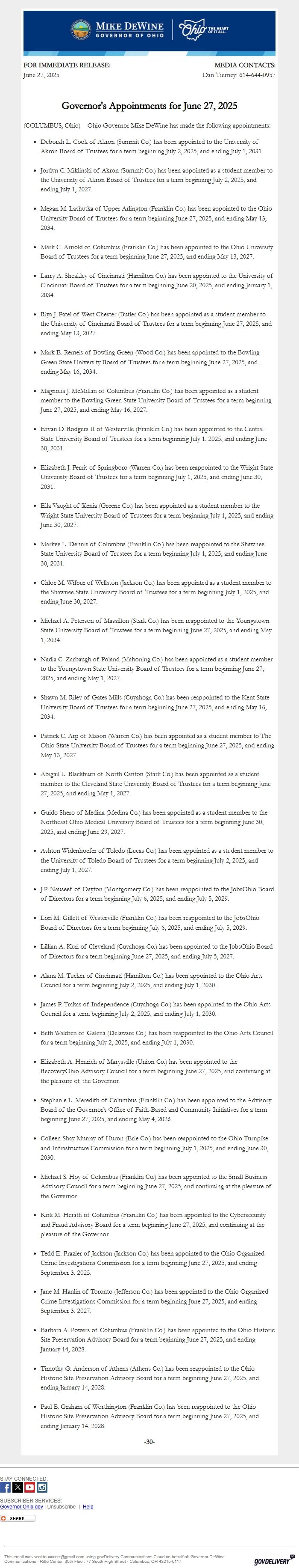 Screenshot of the email generated on import