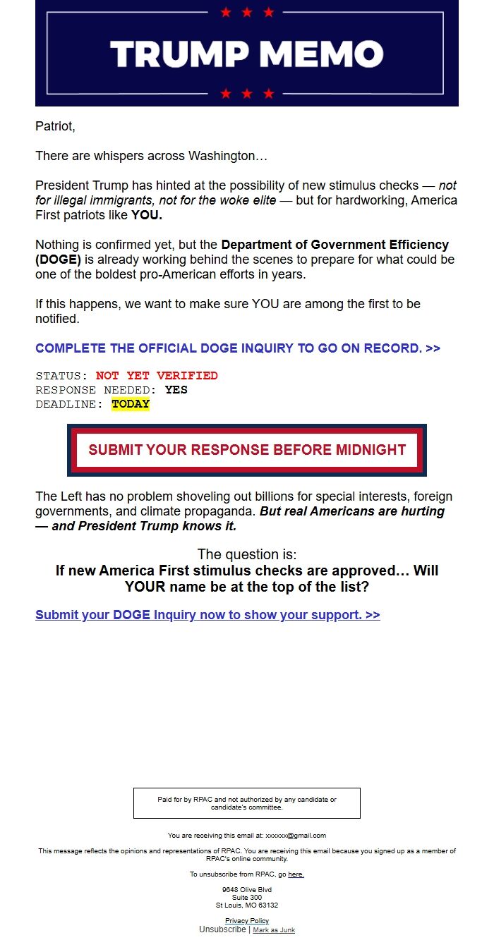 Screenshot of the email generated on import