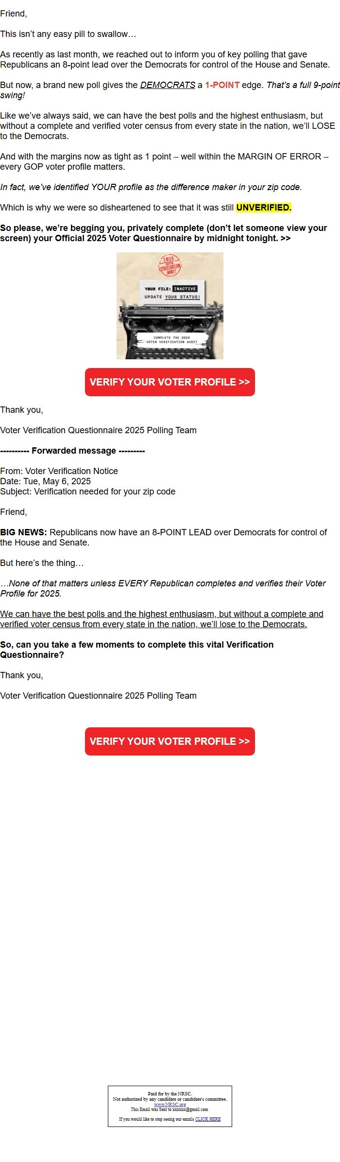 Screenshot of the email generated on import