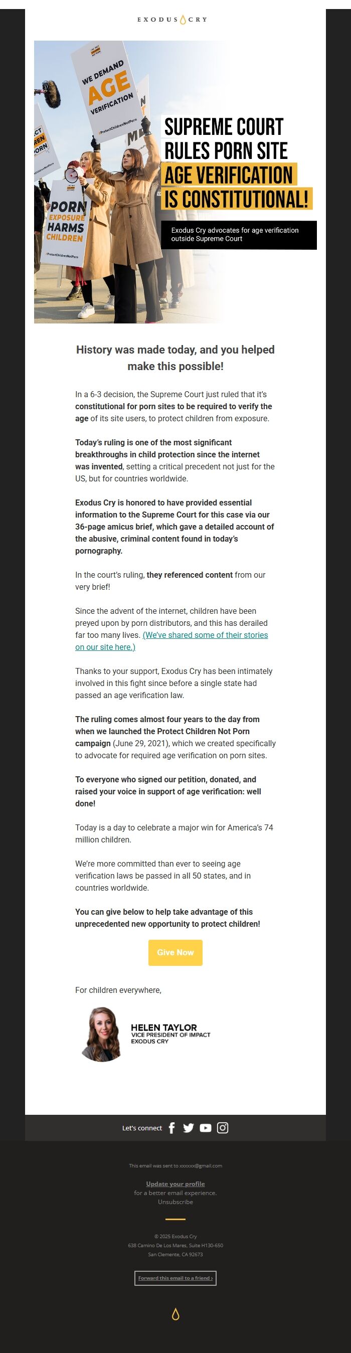 Screenshot of the email generated on import