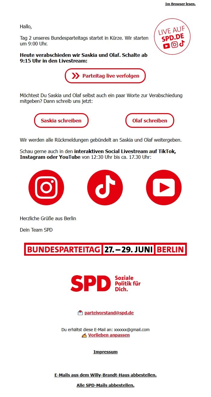 Screenshot of the email generated on import