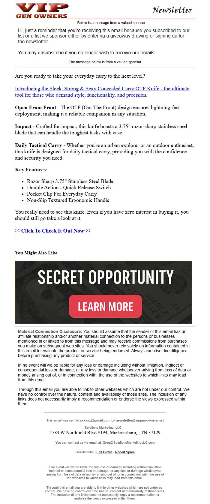 Screenshot of the email generated on import