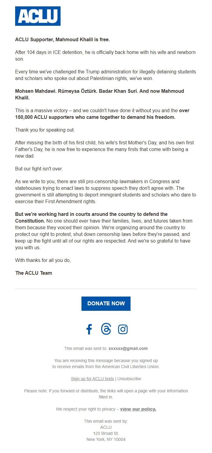 Screenshot of the email generated on import
