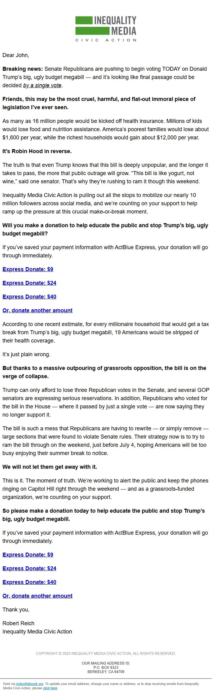 Screenshot of the email generated on import