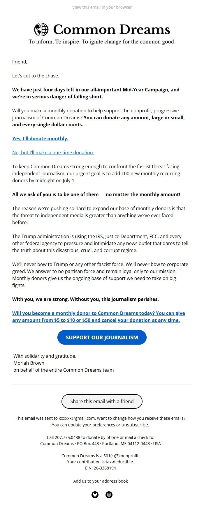Screenshot of the email generated on import