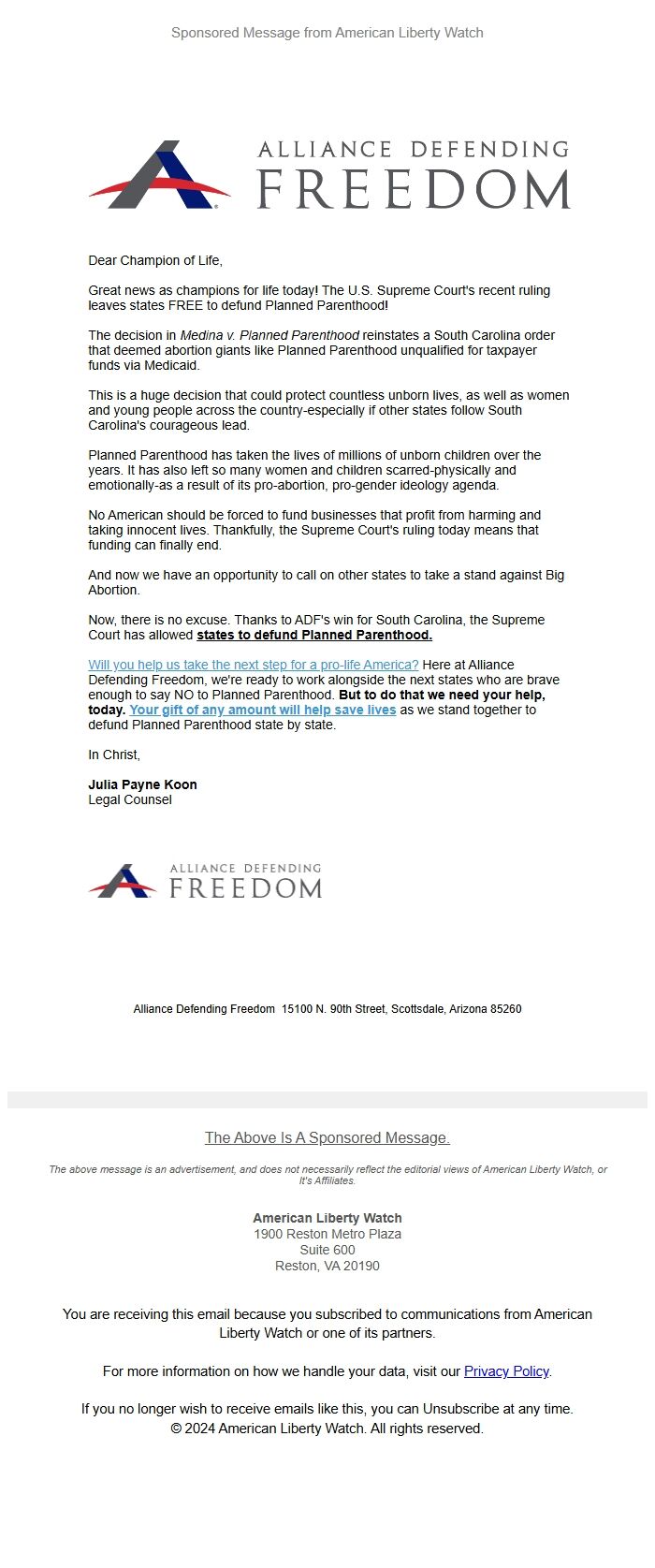 Screenshot of the email generated on import