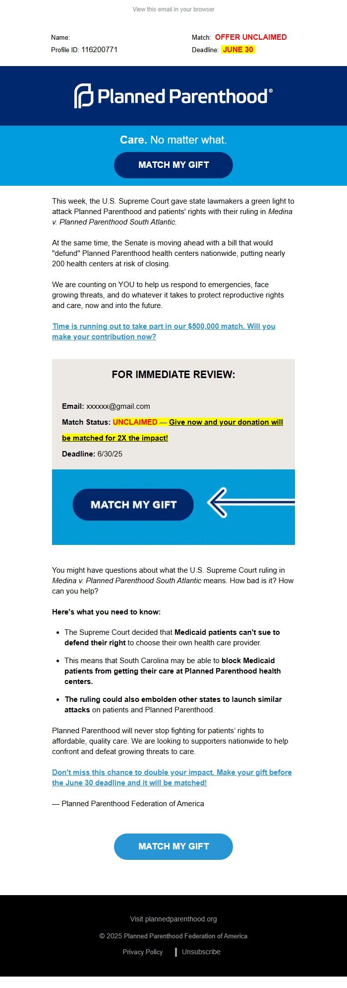 Screenshot of the email generated on import
