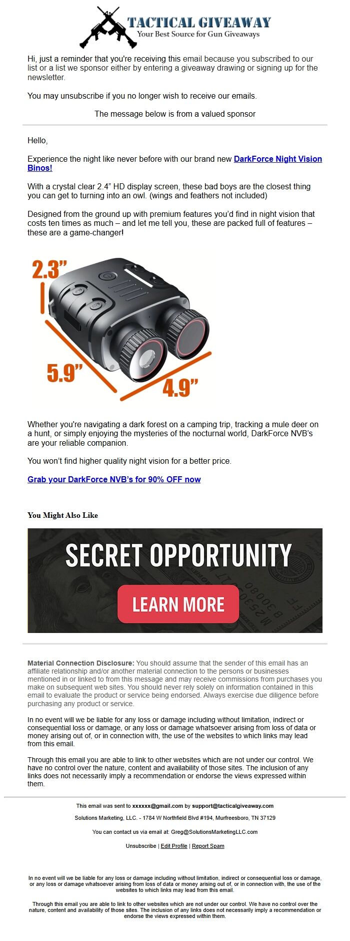 Screenshot of the email generated on import