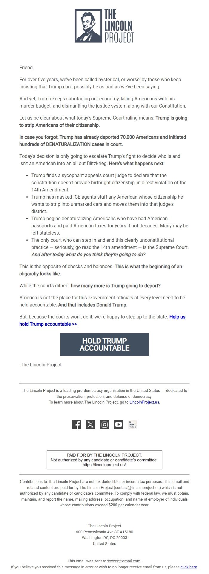 Screenshot of the email generated on import
