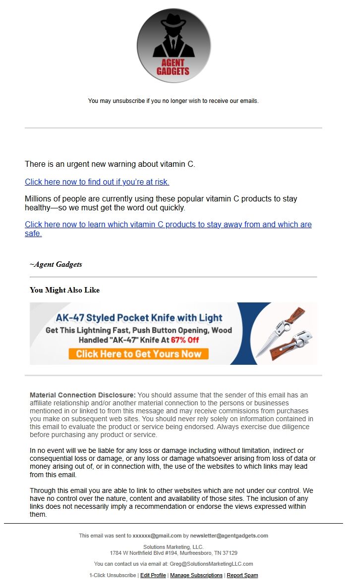 Screenshot of the email generated on import