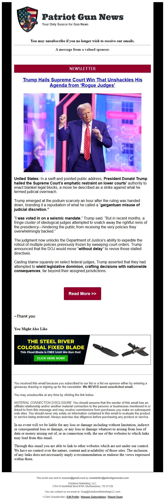Screenshot of the email generated on import