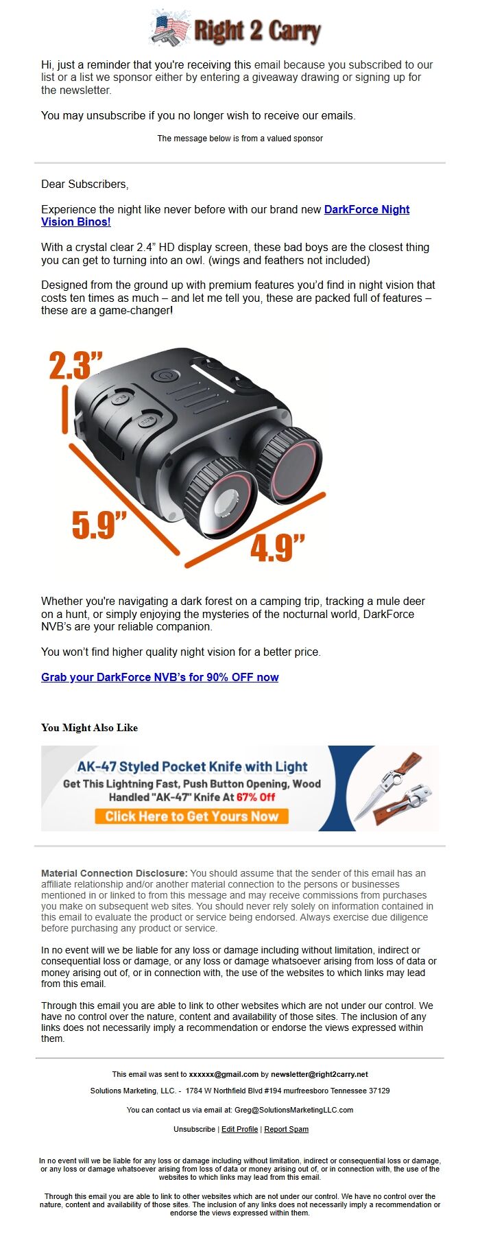 Screenshot of the email generated on import