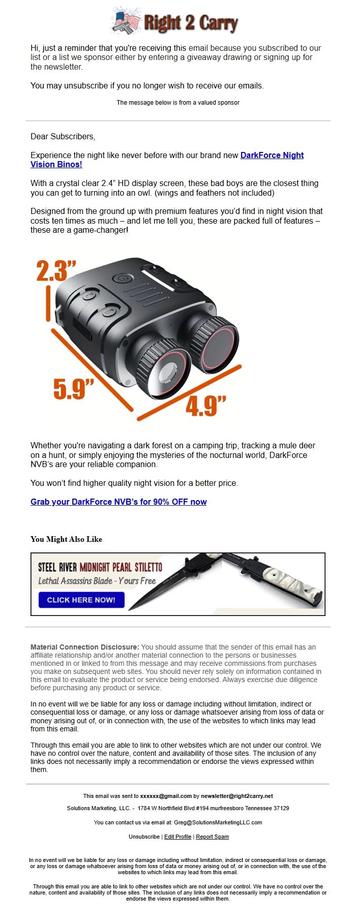 Screenshot of the email generated on import