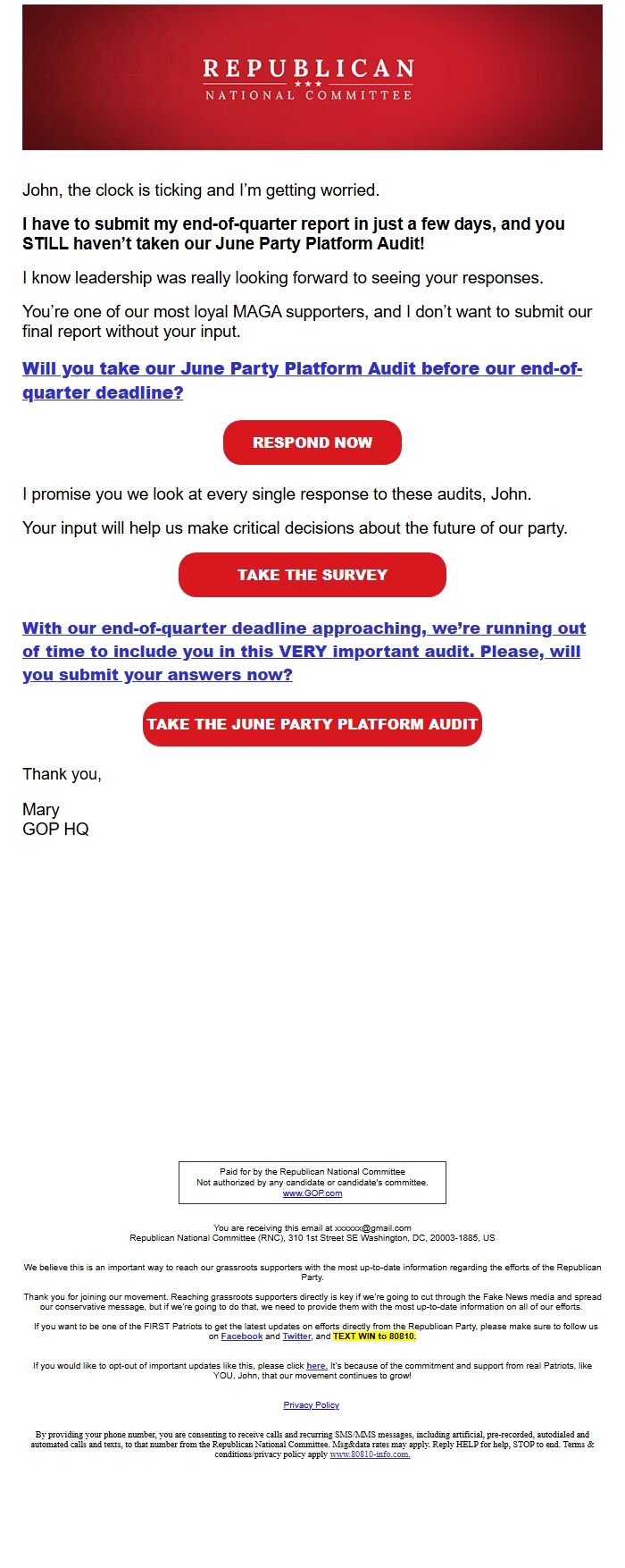 Screenshot of the email generated on import