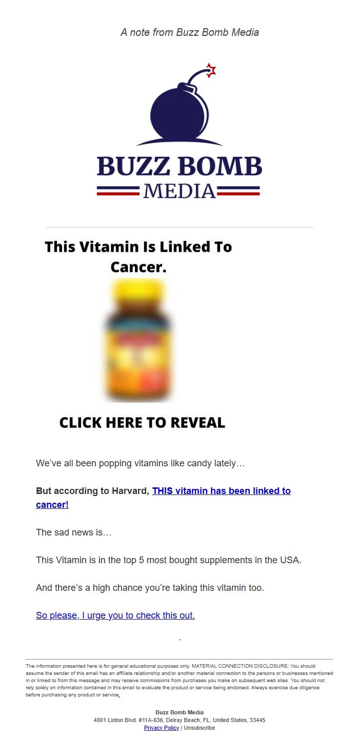 Screenshot of the email generated on import