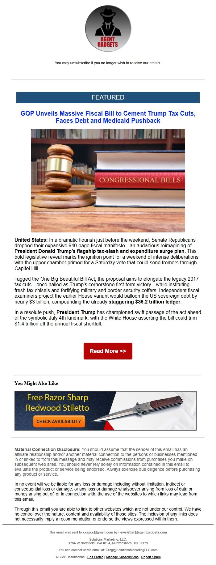 Screenshot of the email generated on import