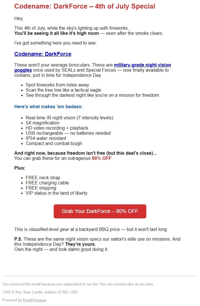 Screenshot of the email generated on import