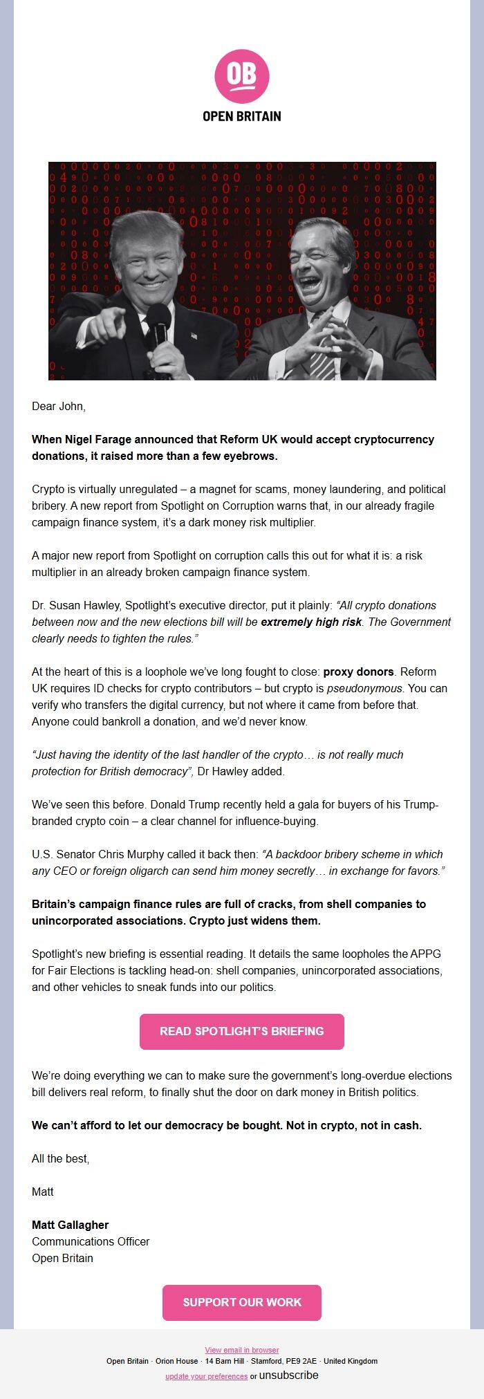 Screenshot of the email generated on import
