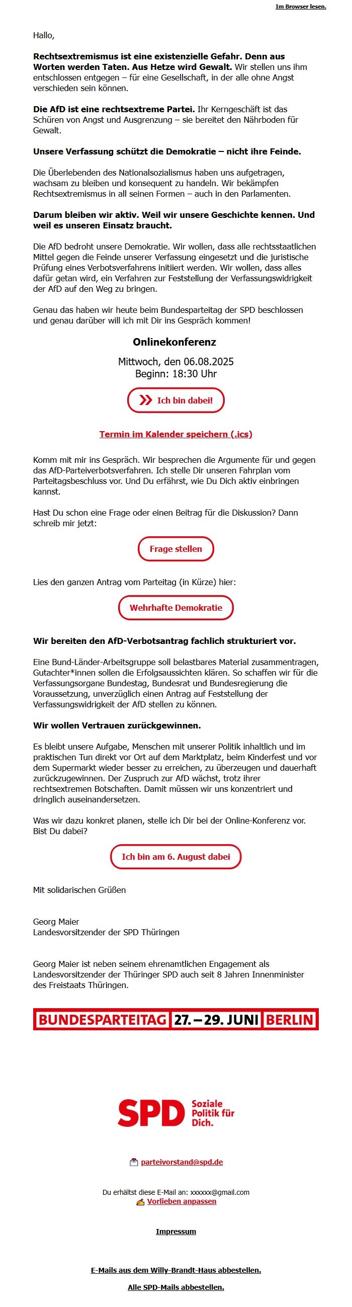 Screenshot of the email generated on import