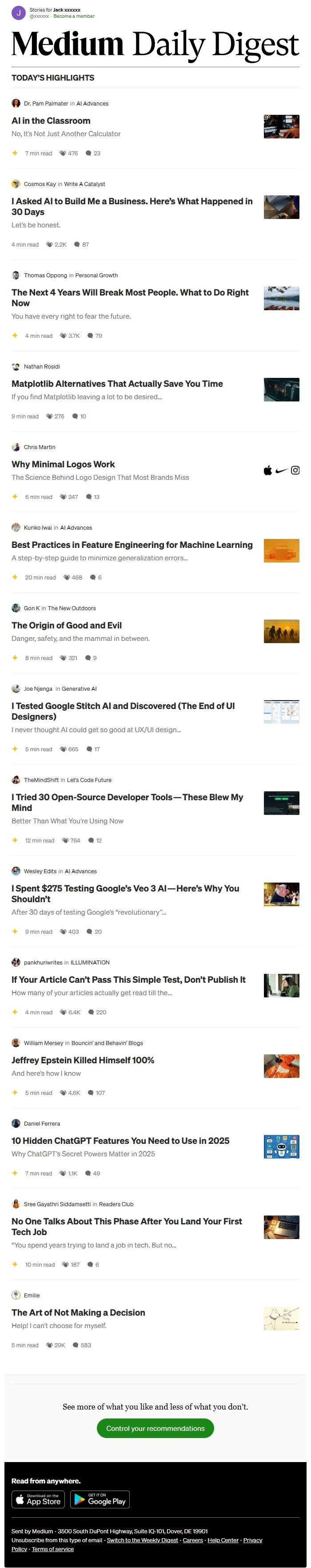 Screenshot of the email generated on import