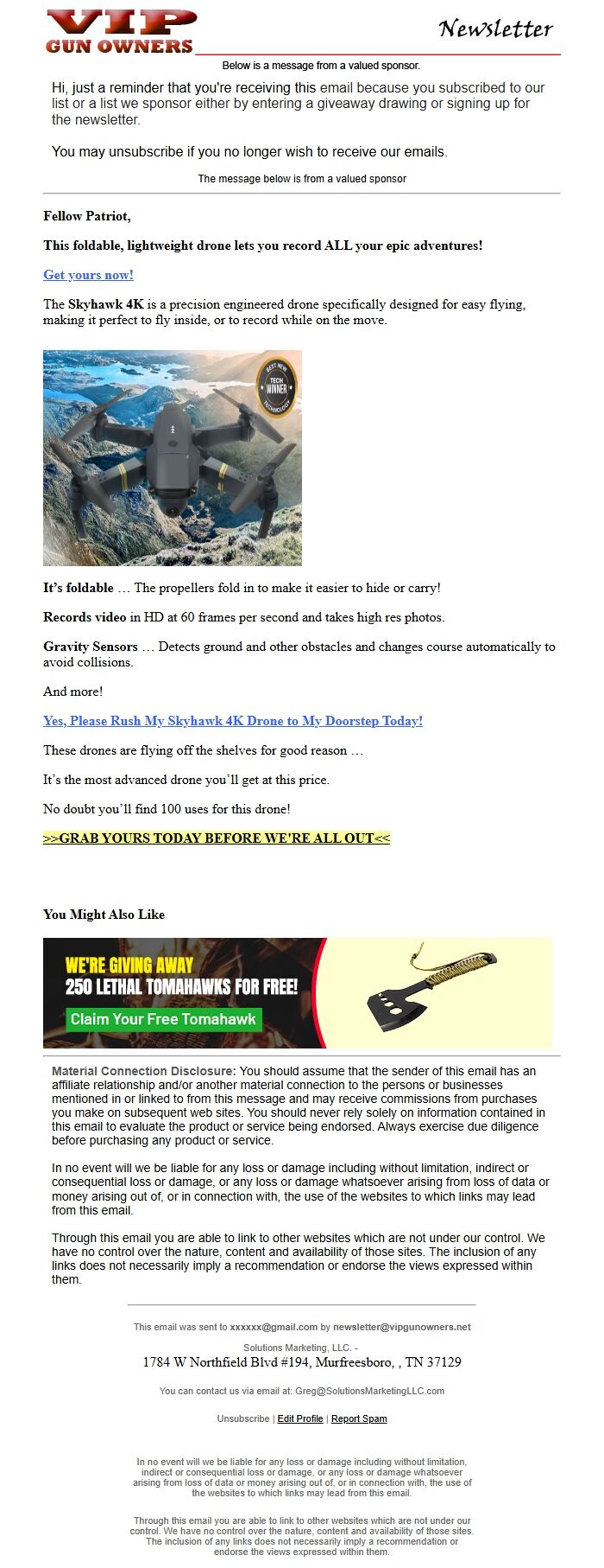 Screenshot of the email generated on import