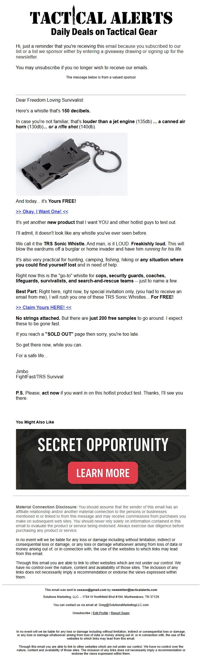 Screenshot of the email generated on import